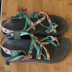 Orange and teal Chacos